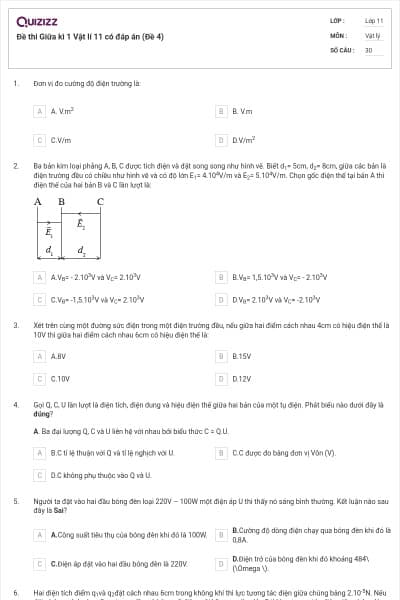 Đề thi Giữa kì 1 Vật lí 11 có đáp án (Đề 4)