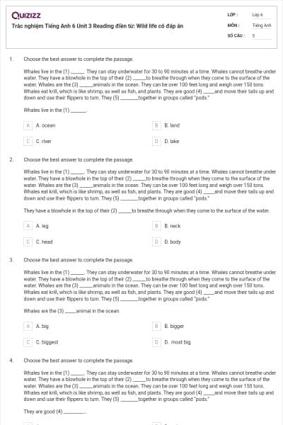 Trắc nghiệm Tiếng Anh 6 Unit 3 Reading điền từ: Wild life có đáp án