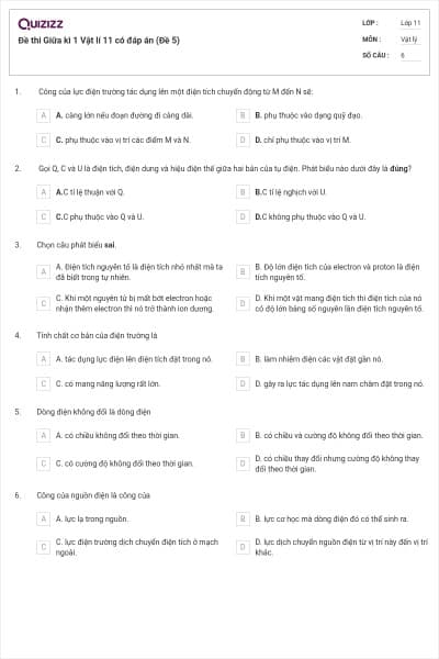 Đề thi Giữa kì 1 Vật lí 11 có đáp án (Đề 5)