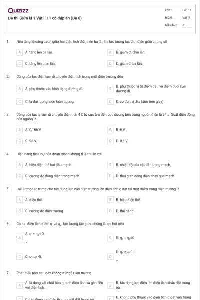 Đề thi Giữa kì 1 Vật lí 11 có đáp án (Đề 6)