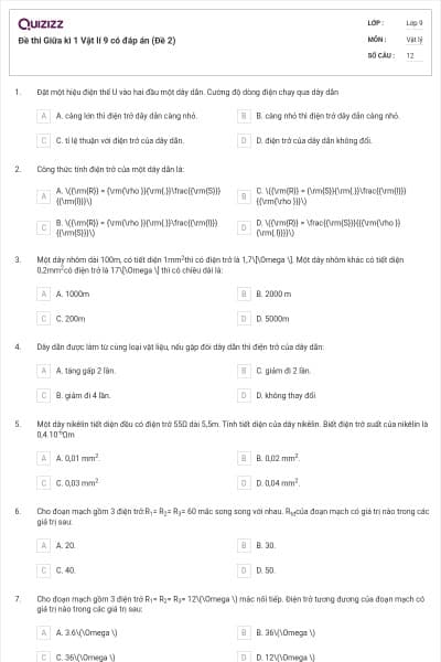 Đề thi Giữa kì 1 Vật lí 9 có đáp án (Đề 2)