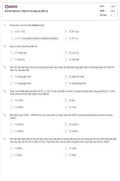Đề thi Giữa kì 1 Vật lí 9 có đáp án (Đề 4)