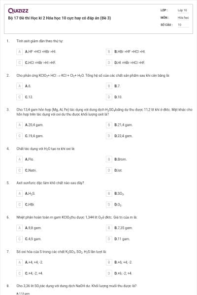 Bộ 17  Đề thi Học kì 2 Hóa học 10 cực hay có đáp án (Đề 3)