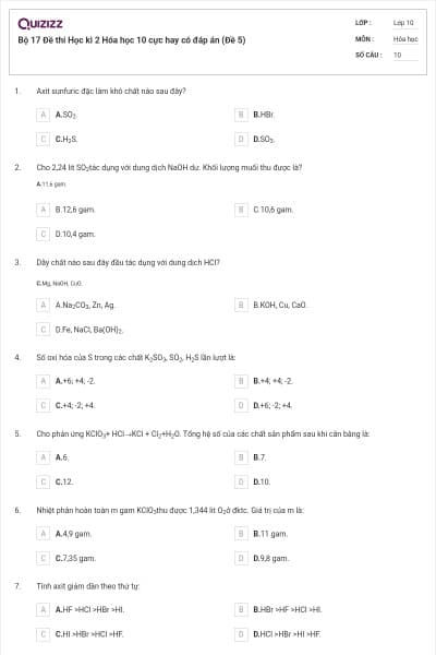 Bộ 17  Đề thi Học kì 2 Hóa học 10 cực hay có đáp án (Đề 5)