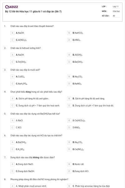 Bộ 12 Đề thi Hóa học 11 giữa kì 1 có đáp án (Đề 7)