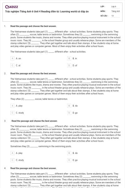 Trắc nghiệm Tiếng Anh 6 Unit 4 Reading điền từ: Learning world có đáp án