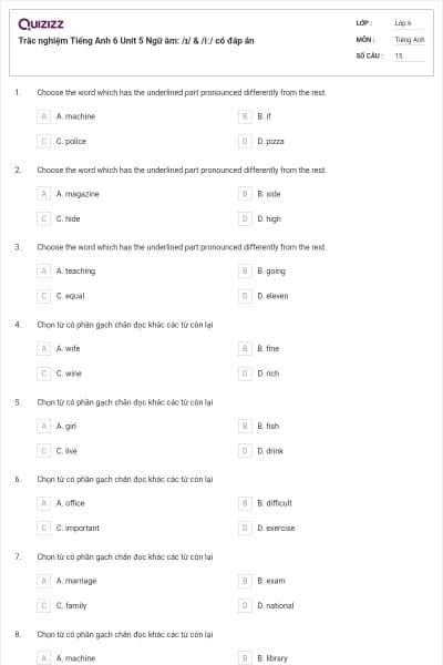 Trắc nghiệm Tiếng Anh 6 Unit 5 Ngữ âm: /ɪ/ & /iː/ có đáp án