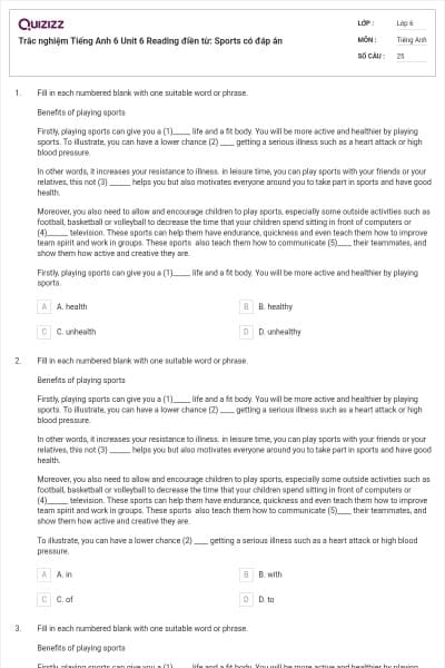 Trắc nghiệm Tiếng Anh 6 Unit 6 Reading điền từ: Sports có đáp án