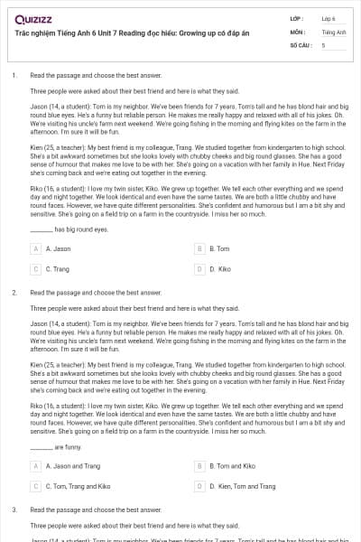 Trắc nghiệm Tiếng Anh 6 Unit 7 Reading đọc hiểu: Growing up có đáp án