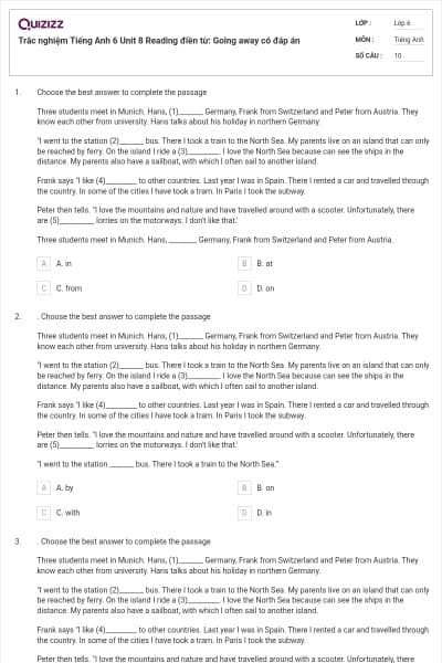 Trắc nghiệm Tiếng Anh 6 Unit 8 Reading điền từ: Going away có đáp án