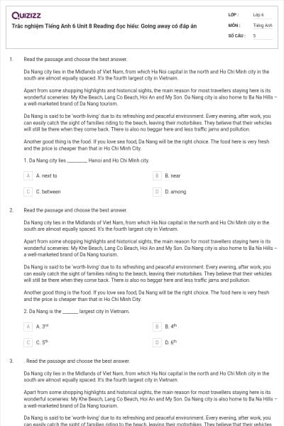 Trắc nghiệm Tiếng Anh 6 Unit 8 Reading đọc hiểu: Going away có đáp án