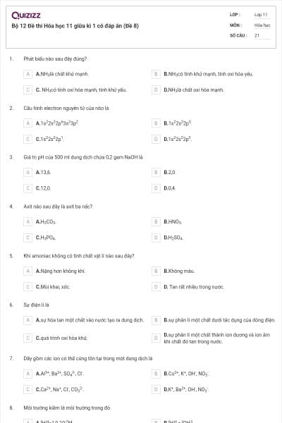 Bộ 12 Đề thi Hóa học 11 giữa kì 1 có đáp án (Đề 8)