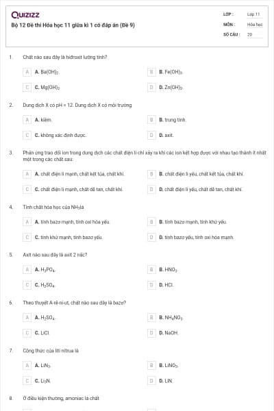 Bộ 12 Đề thi Hóa học 11 giữa kì 1 có đáp án (Đề 9)