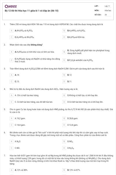 Bộ 12 Đề thi Hóa học 11 giữa kì 1 có đáp án (Đề 10)