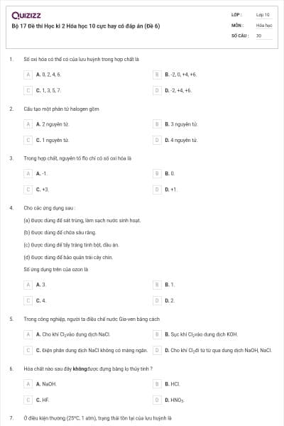 Bộ 17  Đề thi Học kì 2 Hóa học 10 cực hay có đáp án (Đề 6)