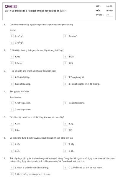 Bộ 17  Đề thi Học kì 2 Hóa học 10 cực hay có đáp án (Đề 7)