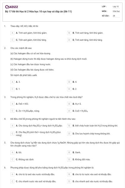 Bộ 17  Đề thi Học kì 2 Hóa học 10 cực hay có đáp án (Đề 11)