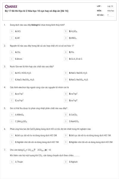 Bộ 17  Đề thi Học kì 2 Hóa học 10 cực hay có đáp án (Đề 16)