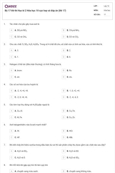 Bộ 17  Đề thi Học kì 2 Hóa học 10 cực hay có đáp án (Đề 17)