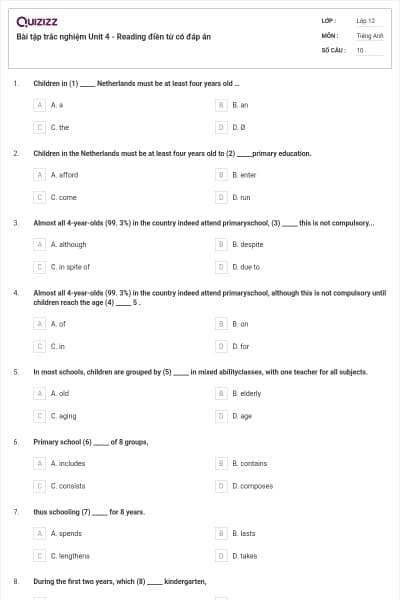 Bài tập trắc nghiệm Unit 4 - Reading điền từ có đáp án