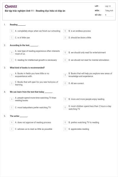 Bài tập trắc nghiệm Unit 11 - Reading đọc hiểu có đáp án