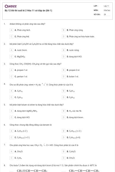 Bộ 12 Đề thi cuối kì 2 Hóa 11 có đáp án (Đề 1)