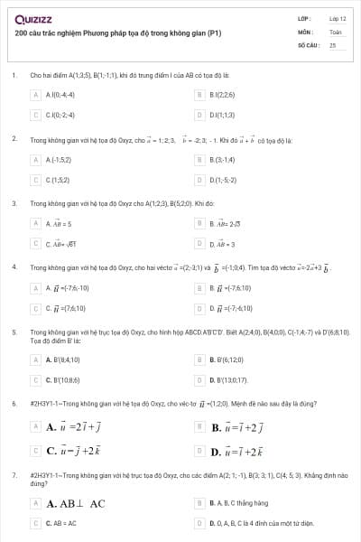 200 câu trắc nghiệm Phương pháp tọa độ trong không gian (P1)