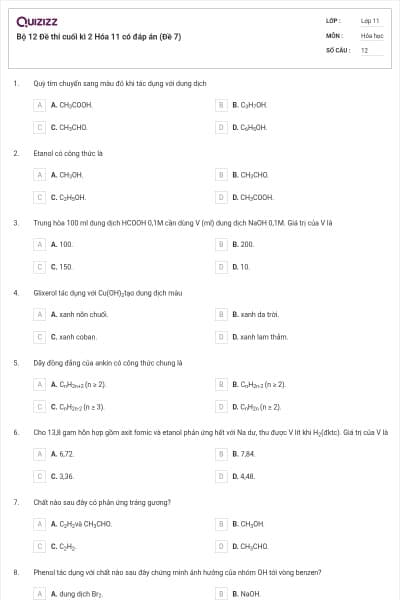 Bộ 12 Đề thi cuối kì 2 Hóa 11 có đáp án (Đề 7)