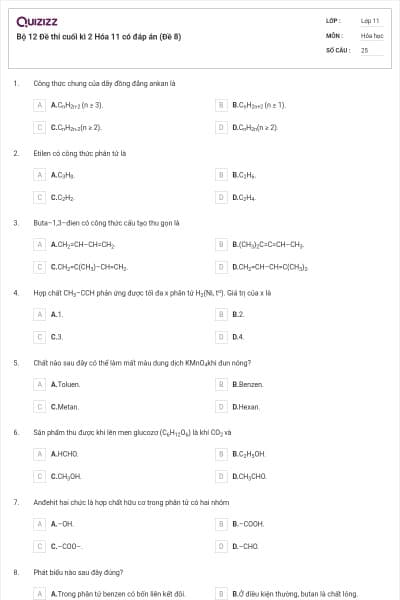 Bộ 12 Đề thi cuối kì 2 Hóa 11 có đáp án (Đề 8)