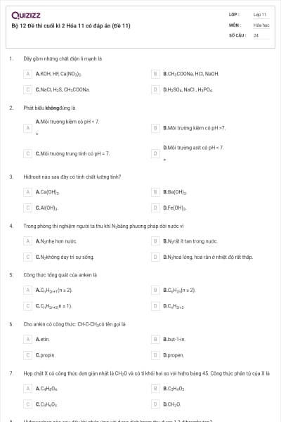 Bộ 12 Đề thi cuối kì 2 Hóa 11 có đáp án (Đề 11)