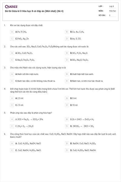Đề thi Giữa kì II Hóa học 8 có đáp án (Mới nhất) (Đề 4)