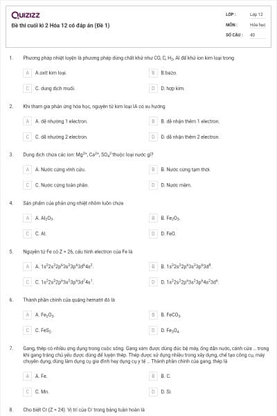 Đề thi cuối kì 2 Hóa 12 có đáp án (Đề 1)