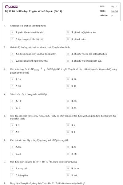 Bộ 12 Đề thi Hóa học 11 giữa kì 1 có đáp án (Đề 11)