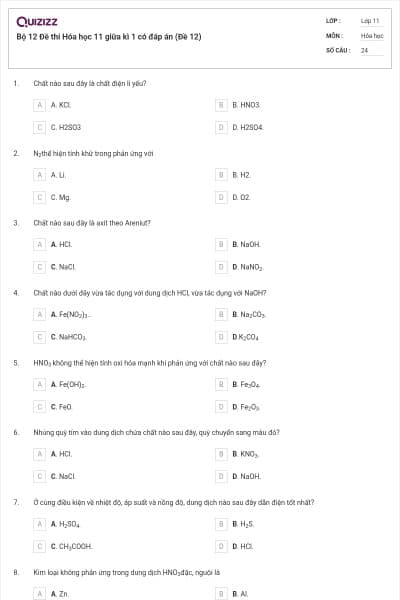 Bộ 12 Đề thi Hóa học 11 giữa kì 1 có đáp án (Đề 12)