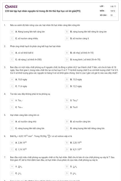 220 bài tập hạt nhân nguyên tử trong đề thi thử Đại học có lời giải(P5)