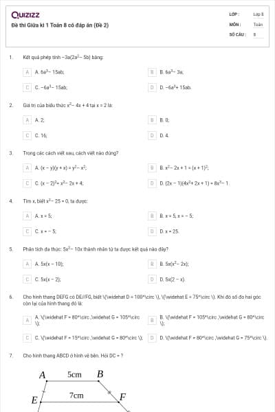 Đề thi Giữa kì 1 Toán 8 có đáp án (Đề 2)