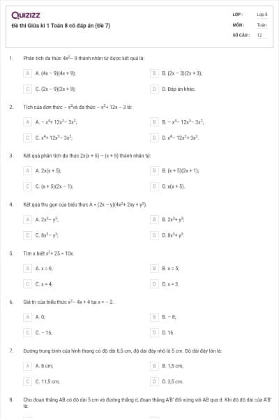 Đề thi Giữa kì 1 Toán 8 có đáp án (Đề 7)