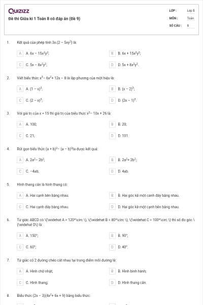 Đề thi Giữa kì 1 Toán 8 có đáp án (Đề 9)