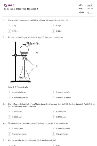 Đề thi cuối kì 2 Hóa 12 có đáp án (Đề 2)
