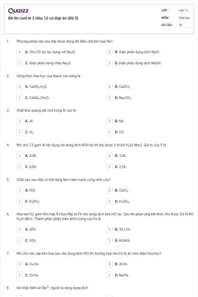 Đề thi cuối kì 2 Hóa 12 có đáp án (Đề 5)