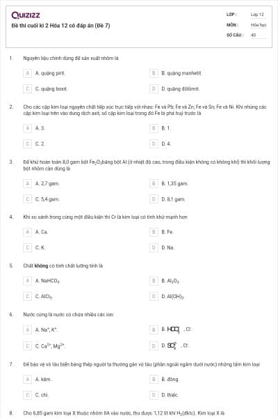 Đề thi cuối kì 2 Hóa 12 có đáp án (Đề 7)