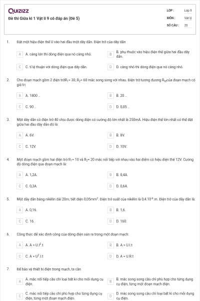 Đề thi Giữa kì 1 Vật lí 9 có đáp án (Đề 5)