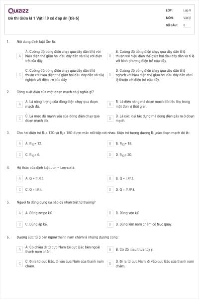 Đề thi Giữa kì 1 Vật lí 9 có đáp án (Đề 6)