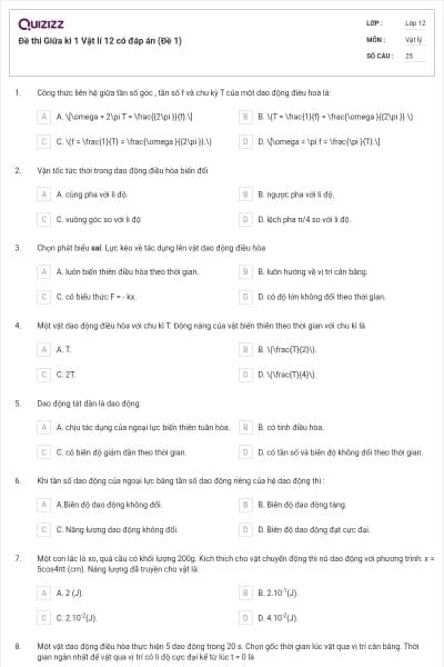 Đề thi Giữa kì 1 Vật lí 12 có đáp án (Đề 1)