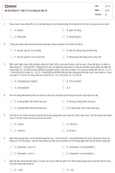 Đề thi Giữa kì 1 Vật lí 12 có đáp án (Đề 2)