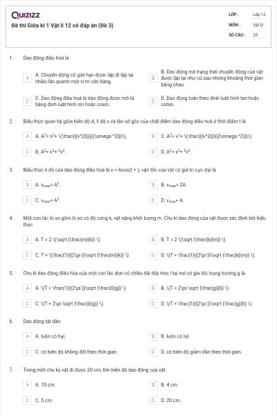 Đề thi Giữa kì 1 Vật lí 12 có đáp án (Đề 3)
