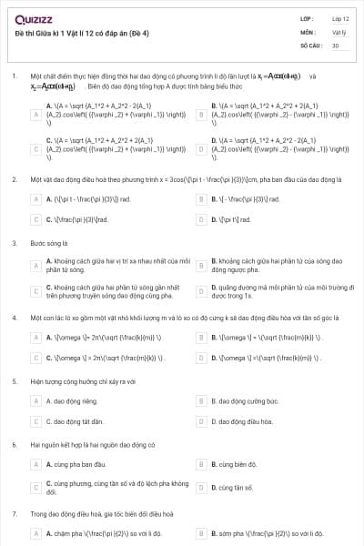 Đề thi Giữa kì 1 Vật lí 12 có đáp án (Đề 4)