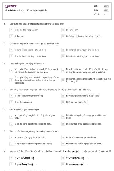 Đề thi Giữa kì 1 Vật lí 12 có đáp án (Đề 5)