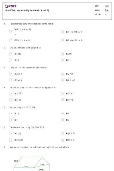 Đề thi Toán lớp 6 có đáp án Giữa kì 1 (Đề 2)