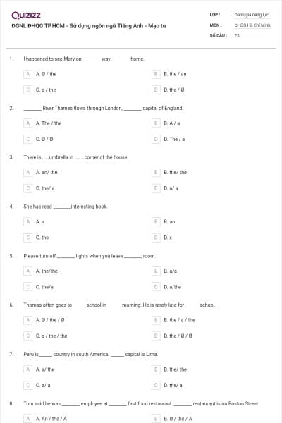 ĐGNL ĐHQG TP.HCM - Sử dụng ngôn ngữ Tiếng Anh - Mạo từ